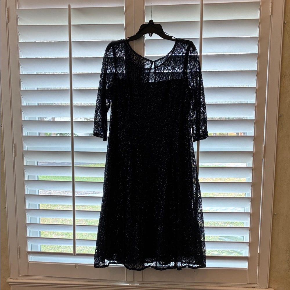 SLNY Midnight Blue Glitter Long Sleeve Dress